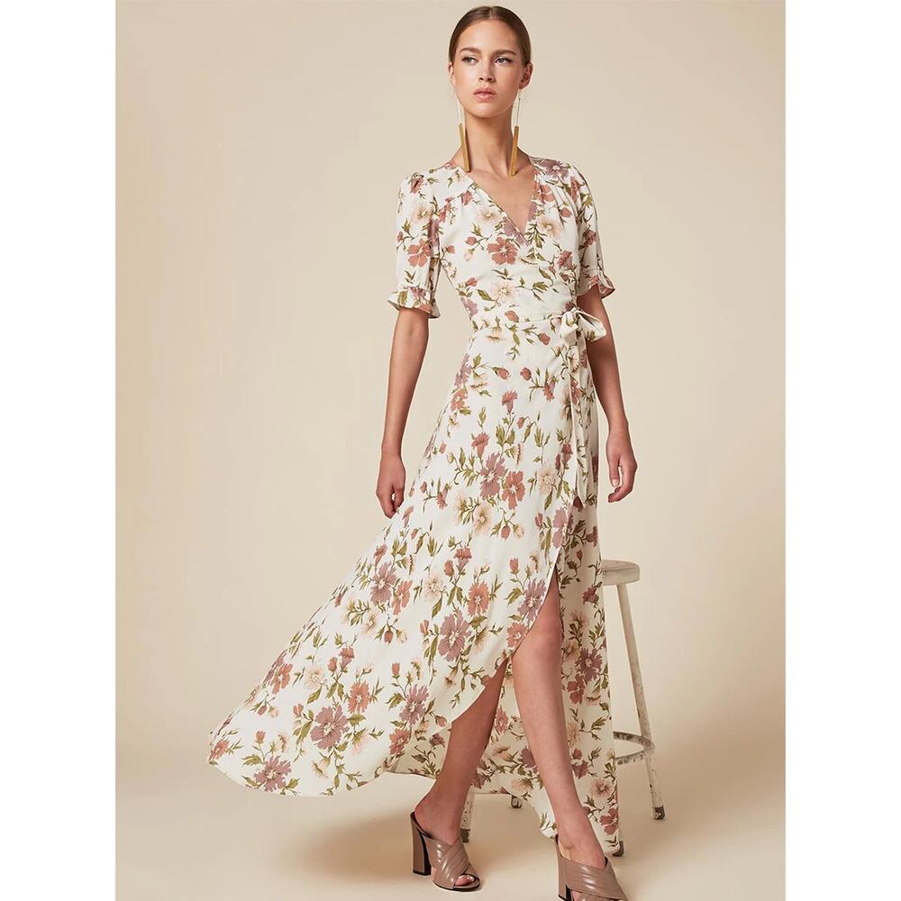 Reformation Women's Addilyn Dress Beige Pink Floral Maxi Wrap V Neck Front Slit